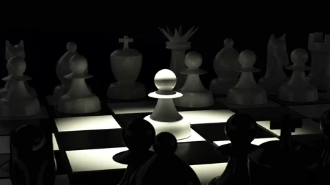 Plastic chess pieces on chess board. White pawn take first step Stock Footage 163135003