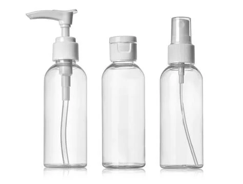 Plastic Clean Three blank bottles With Dispenser Pump on white background Stock Photos