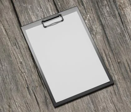 Plastic clipboard with blank paper sheet isolated on wooden background 3d render Stock Illustration