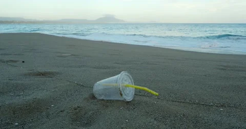 Plastic cocktail cup with plastic straw on public tropical beach next to ocean. Video stock 180166034