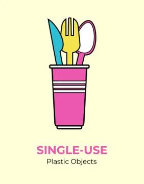 Plastic colored spoon, fork, knife, cup. Single-use pink, yellow, blue plasti Stock Illustration