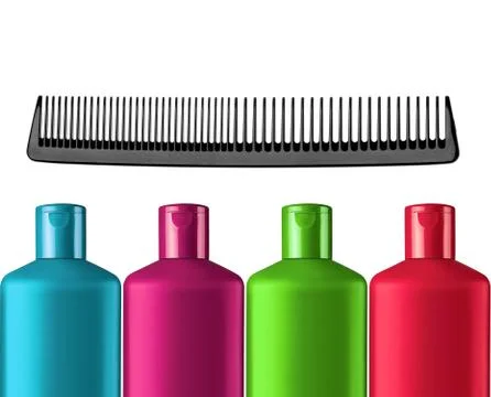 Plastic colorful bottles shampoo and black comb isolated on white Stock Photos