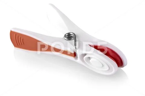 Plastic colorful clothes line peg on white Stock Photos