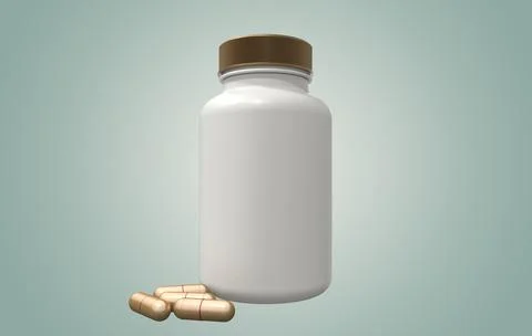 Plastic container and capsules with nutritional supplements on a neutral back Illustrazione stock