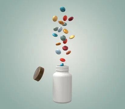 Plastic container and dietary supplements on a neutral background Illustrazione stock