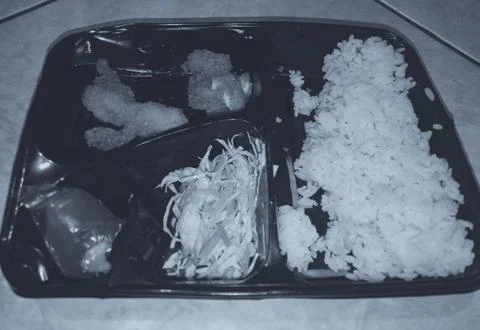 Plastic container filled with rice, vegetables, and side dishes in monochrome Stock Photos