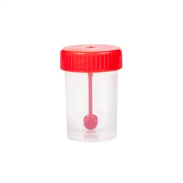 Plastic container for testing, red. Close-up. isolated. Foto stock
