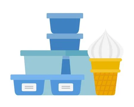 Plastic containers and Ice cream in a waffle cup vector flat isolated Stock Illustration