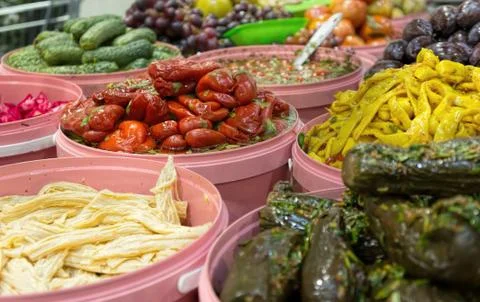 Plastic containers with pickled vegetables. 写真素材