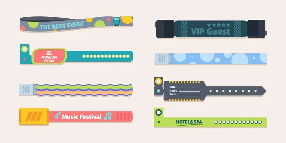 Plastic control bracelets template set. Colorful silicone bandages character  Stock Illustration