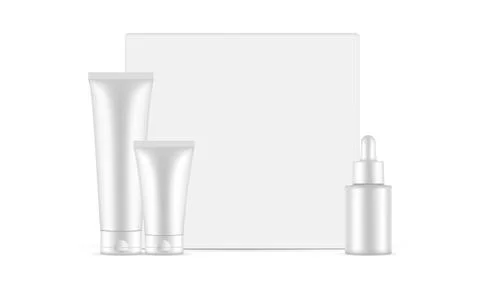 Plastic Cosmetic Set, Tubes, Dropper Bottle and Packaging Box Stock Illustration