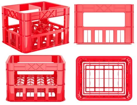 Plastic crate for bottles, red 3d model, four angles. 3D rendering Stock Illustration