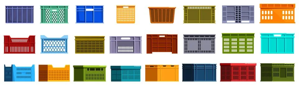 Plastic crate box icons set. Set of various colorful plastic crates, ideal fo Stock Illustration