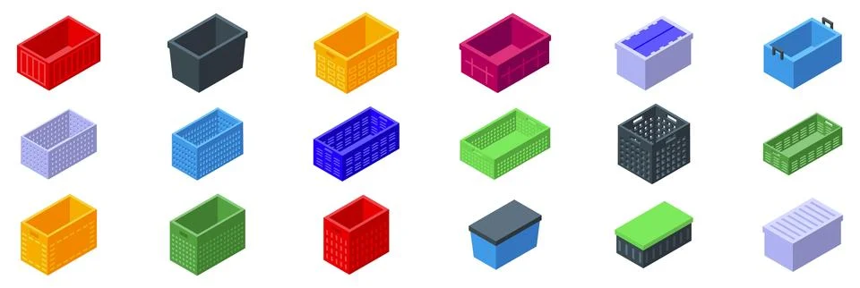 Plastic crate box icons set. Set of colorful plastic basket icons in isometri Stock Illustration