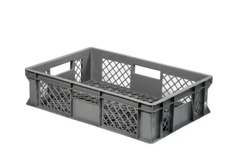 Plastic crate grey b Stock Photos