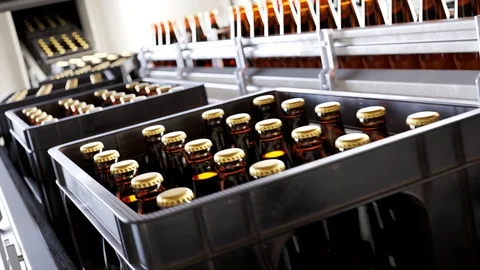 Plastic crates full of freshly brewed beer bottles on a factory pipeline. 4KHD Stock Footage 110140035