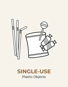 Plastic crisps pouch, candy wrap, straw. Single-use vector illustration of re Stock Illustration