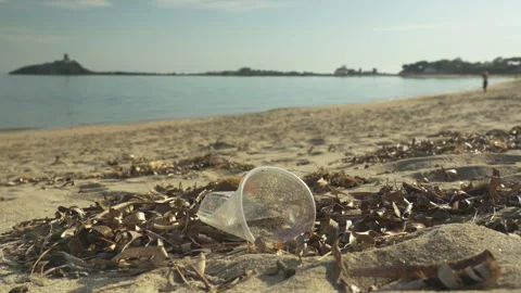 A plastic cup abandoned on the beach Stock Footage 270959822