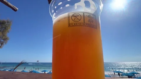 Plastic cup with beer labeled Plastic in product against a sea backdrop Stock Footage 289965608