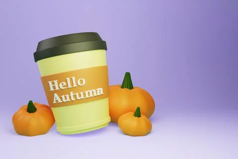 Plastic cup of coffee with pumpkins and inscription-hi autumn, 3d render Stock Illustration