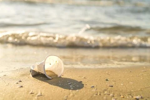 A plastic cup lying on the beach by the ocean Stock Photos
