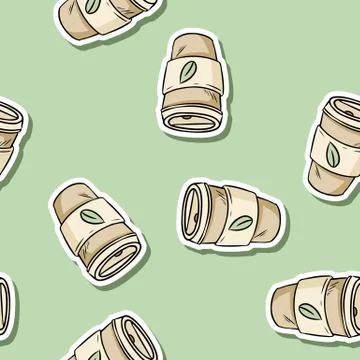 Plastic cup seamless pattern. Square template. Hand drawn reusable coffee to 스톡 일러스트