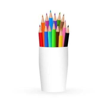 Plastic cup with a set of colored pencils. Close up isolated on white backgro Stock Illustration