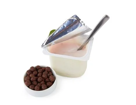 Plastic cup with yoghurt Stock Photos