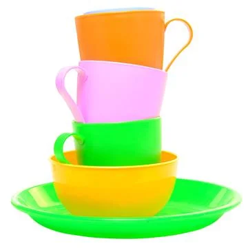 Plastic cups and plates plastic cups and plates isolated on white ,model r... Foto stock