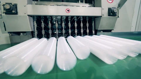 Plastic cups being placed onto a conveyor belt Stock Footage 149658562