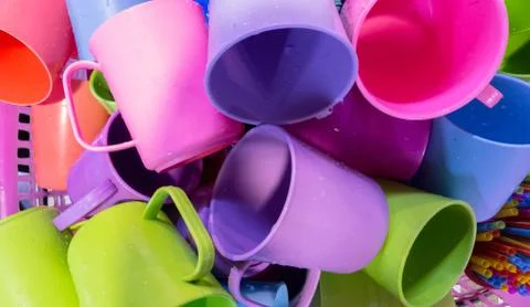 Plastic cups close-up view and multi clolour Stock Photos
