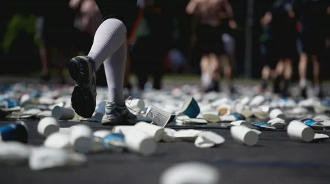 Plastic cups at marathon race Stock Footage 369922
