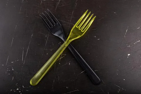 Plastic cutlery, colored fork, suitable for travel Stock Photos