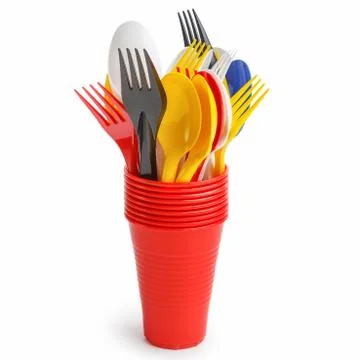 Plastic cutlery in cups Stock Photos