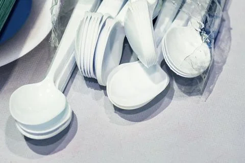 Plastic cutlery . Disposable tableware. Stock Photos