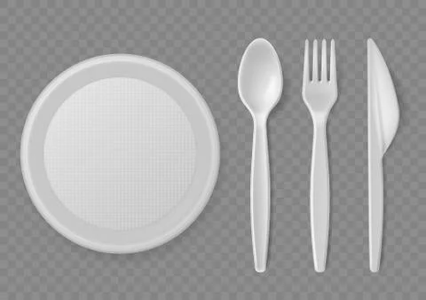 Plastic cutlery. Realistic disposable serving kitchen utensil, plate and spoon Illustrazione stock