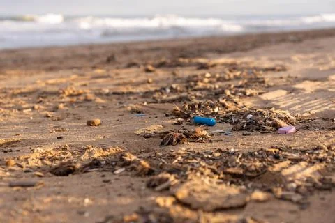 Plastic debris and microplastics mixed with organic matter lie on sand. Bro.. 스톡 사진