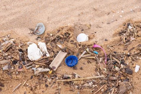 Plastic debris and microplastics mixed with organic matter lie on sand. Bro.. 스톡 사진