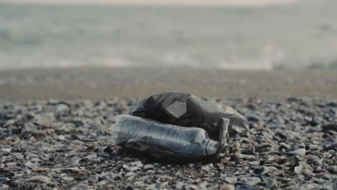 Plastic debris blows up the wind on the beach Stock Footage 152857220