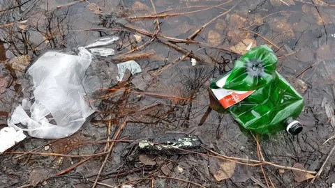 Plastic debris on the lake Stock Footage 87992784