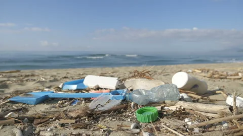 Plastic debris waste pollution dump on sea coast ecosystem,nature pollution 4k Stock Footage 230737386