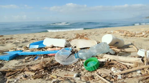 Plastic debris waste pollution trashed on sea coast ecosystem,environment nature Stock Footage 230737480