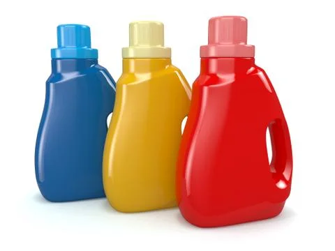 Plastic detergent bottles on white background. cleaning products. 3d Stock Illustration