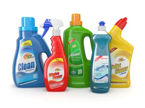 Plastic detergent bottles on white background. cleaning products. 3d Stock-Illustration