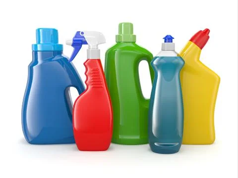 Plastic detergent bottles on white background. cleaning products. 3d Illustrazione stock