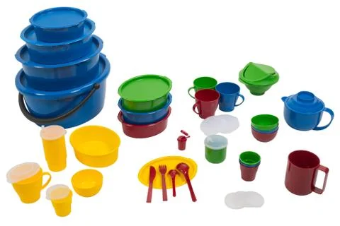 Plastic dinnerware sets on white isolated background Stock Photos