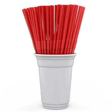 Plastic disposable party cup for coffee or fresh with heap straw on white. Stock Illustration