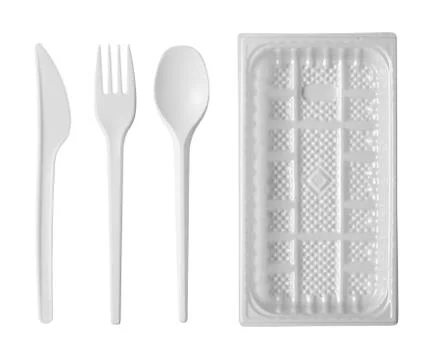 Plastic disposable tableware isolated on white background Stock Photos