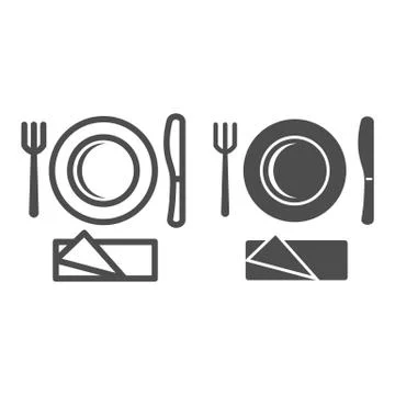 Plastic disposable tableware line and solid icon, picnic concept, picnic cutlery Stock Illustration