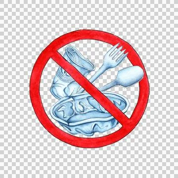 Plastic disposable tableware in red prohibition circle watercolor Stock Illustration